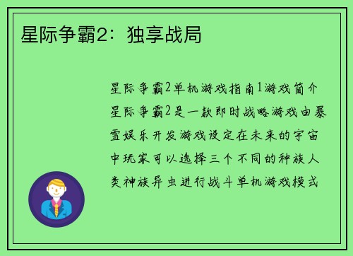 星际争霸2：独享战局