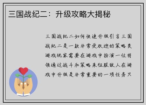 三国战纪二：升级攻略大揭秘